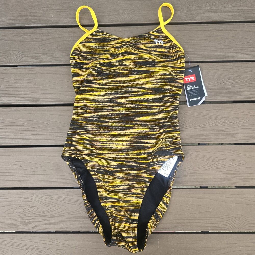 TYR Women's Durafast Elite Fizzy Gold Cutoutfit One Piece Swimsuit Sz 28 New